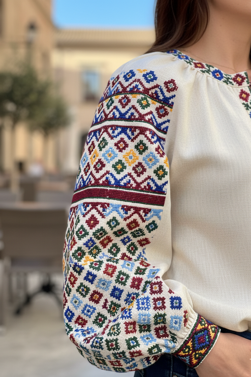 Women’s Ukrainian Vyshyvanka Blouse – Multicolor Floral & Geometric Embroidery