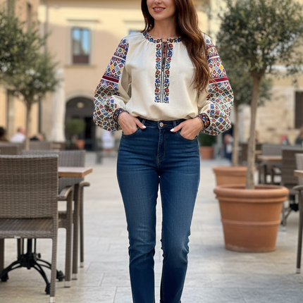 Women’s Ukrainian Vyshyvanka Blouse – Multicolor Floral & Geometric Embroidery