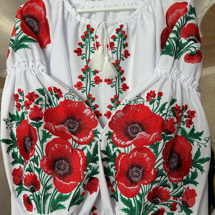 Women's Ukrainian Vyshyvanka Blouse with Red Poppy Floral Embroidery