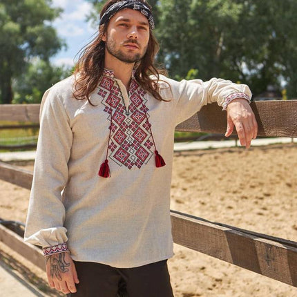 Vyshyvanka mens with a geometric ornament made of linen