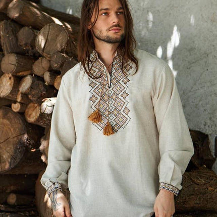 Vyshyvanka mens with a geometric ornament made of linen