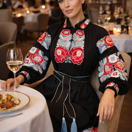 Women’s Black Ukrainian Embroidered Maxi Dress with Red Floral Motifs