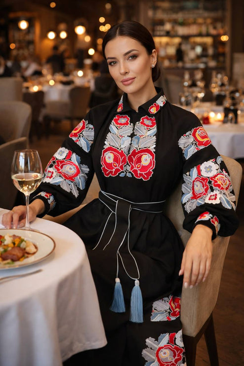 Women’s Black Ukrainian Embroidered Maxi Dress with Red Floral Motifs