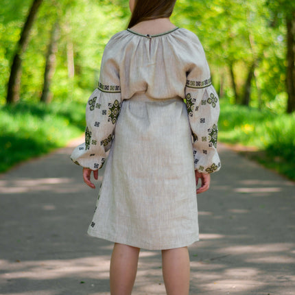 Girls Ukrainian Linen Embroidered Dress with Green Geometric Pattern