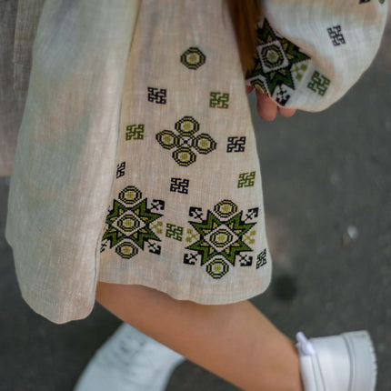 Girls Ukrainian Linen Embroidered Dress with Green Geometric Pattern