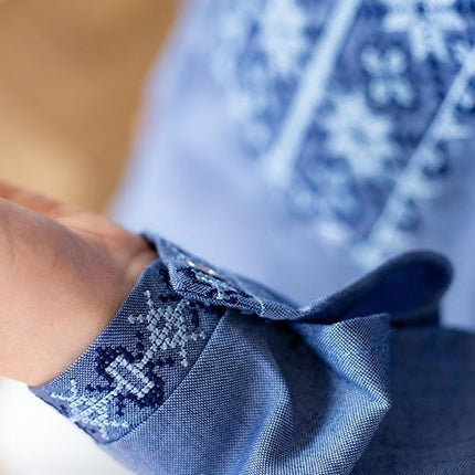 Boys Ukrainian Vyshyvanka Shirt in Denim Blue – Embroidered Chest & Cuff Design