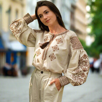 Beige Linen Vyshyvanka with Brown Embroidery – Women’s Ukrainian Blouse