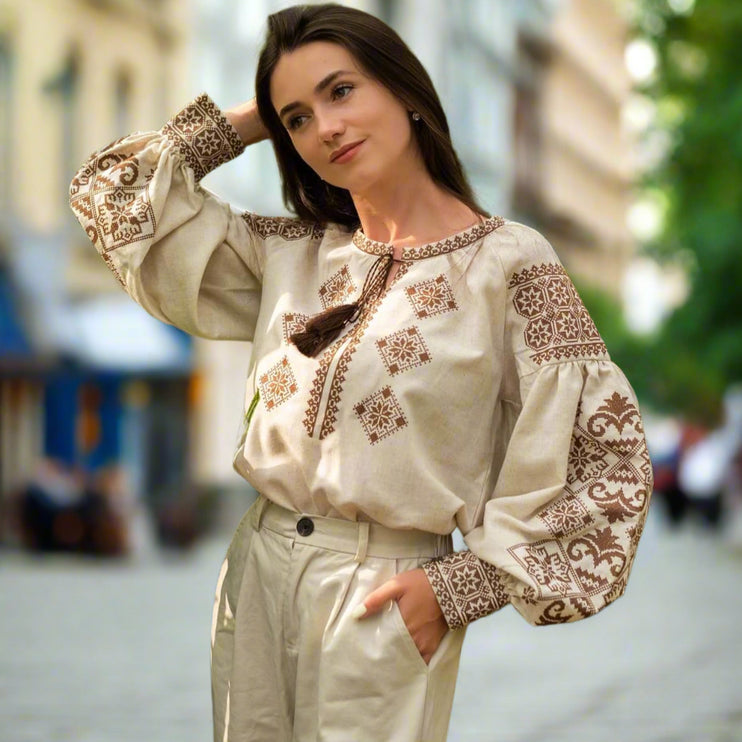 Beige Linen Vyshyvanka with Brown Embroidery – Women’s Ukrainian Blouse