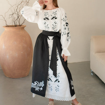 Women’s Ukrainian Embroidered Set – Long Linen Dress & Traditional Plakhta