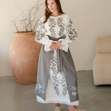 Women’s Ukrainian Embroidered Set – Long Linen Dress & Traditional Plakhta