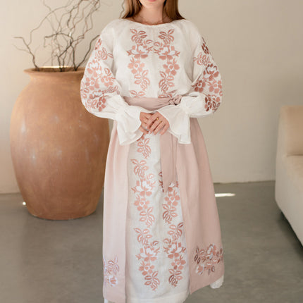 Women’s Ukrainian Embroidered Set – Long Linen Dress & Traditional Plakhta