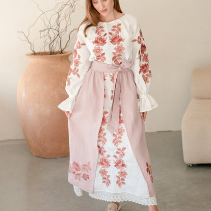 Women’s Ukrainian Embroidered Set – Long Linen Dress & Traditional Plakhta