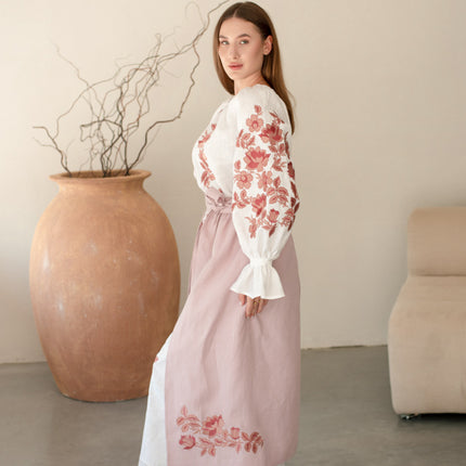 Women’s Ukrainian Embroidered Set – Long Linen Dress & Traditional Plakhta