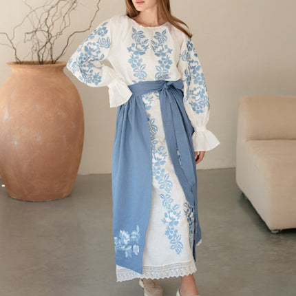 Women’s Ukrainian Embroidered Set – Long Linen Dress & Traditional Plakhta