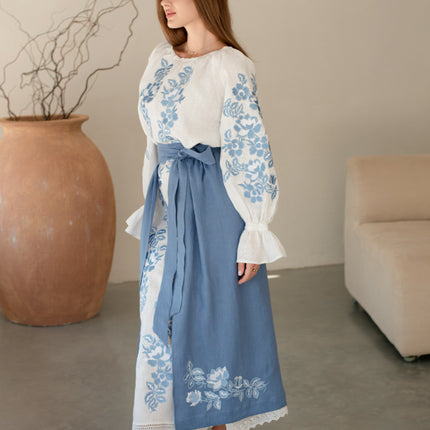Women’s Ukrainian Embroidered Set – Long Linen Dress & Traditional Plakhta