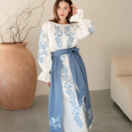 Women’s Ukrainian Embroidered Set – Long Linen Dress & Traditional Plakhta