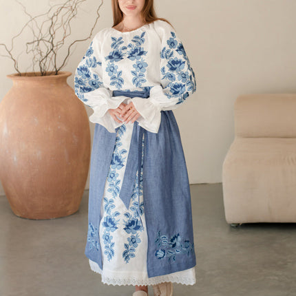 Women’s Ukrainian Embroidered Set – Long Linen Dress & Traditional Plakhta