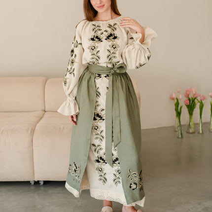 Women’s Ukrainian Embroidered Set – Long Linen Dress & Traditional Plakhta