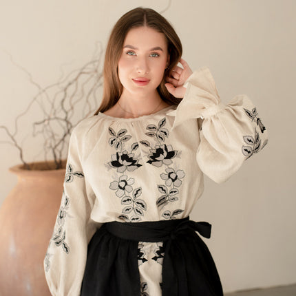 Women’s Ukrainian Embroidered Set – Long Linen Dress & Traditional Plakhta