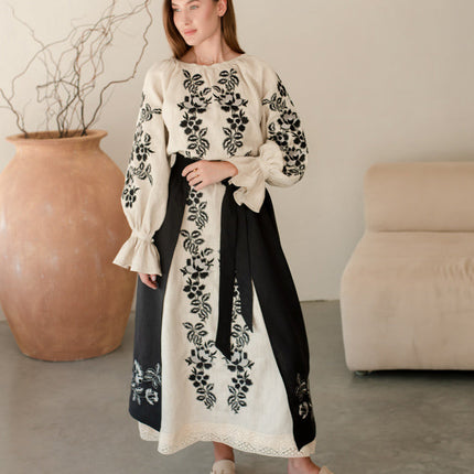 Women’s Ukrainian Embroidered Set – Long Linen Dress & Traditional Plakhta