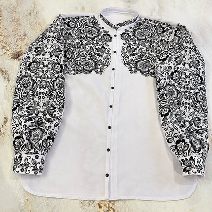 Men's White Ukrainian Vyshyvanka with Black Floral Embroidery