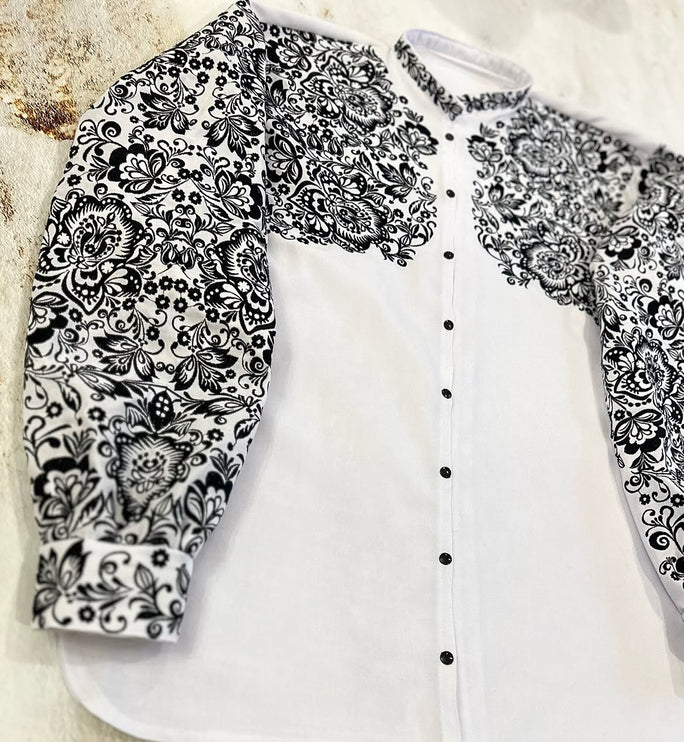 Men's White Ukrainian Vyshyvanka with Black Floral Embroidery