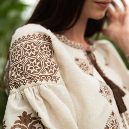 Beige Linen Vyshyvanka with Brown Embroidery – Women’s Ukrainian Blouse