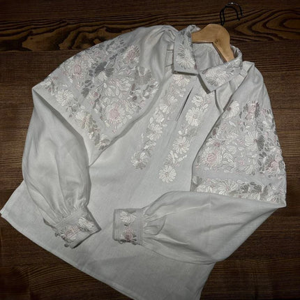 White Linen Vyshyvanka Blouse – Pearl Embroidery