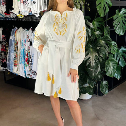 Women's linen dress with embroidered wheat ears