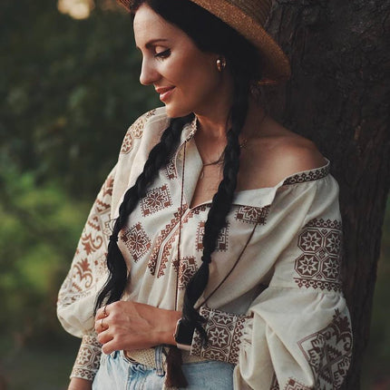 Beige Linen Vyshyvanka with Brown Embroidery – Women’s Ukrainian Blouse