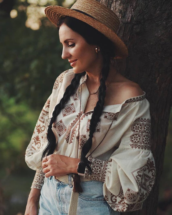 Beige Linen Vyshyvanka with Brown Embroidery – Women’s Ukrainian Blouse