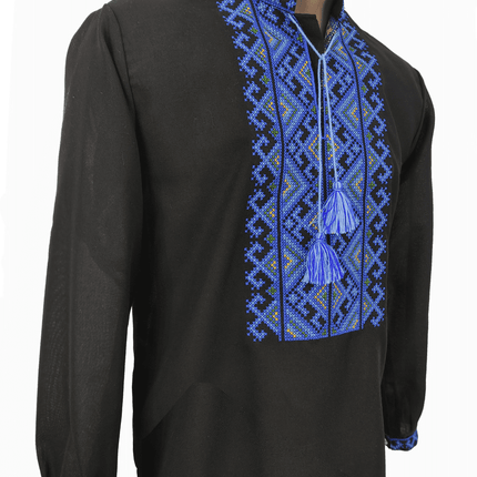Men's embroidered jacket of black color with Harmony ornament with blue and red ornament