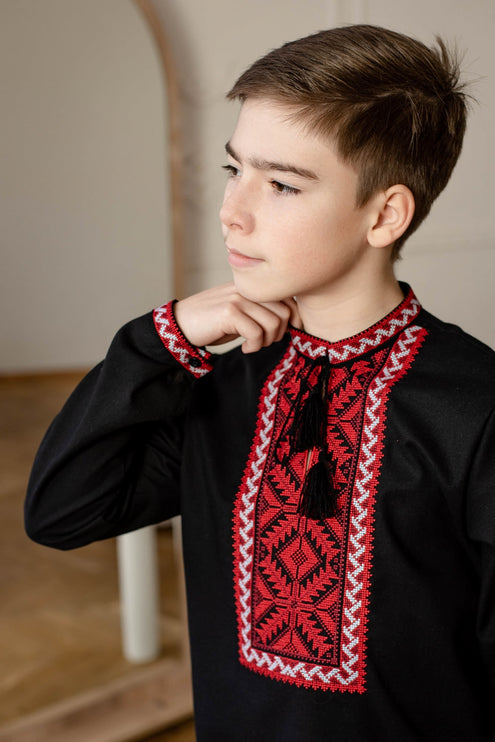 Black Ukrainian vyshyvanka for boys with red embroidery
