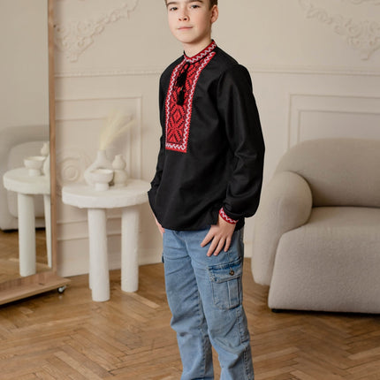 Black Ukrainian vyshyvanka for boys with red embroidery