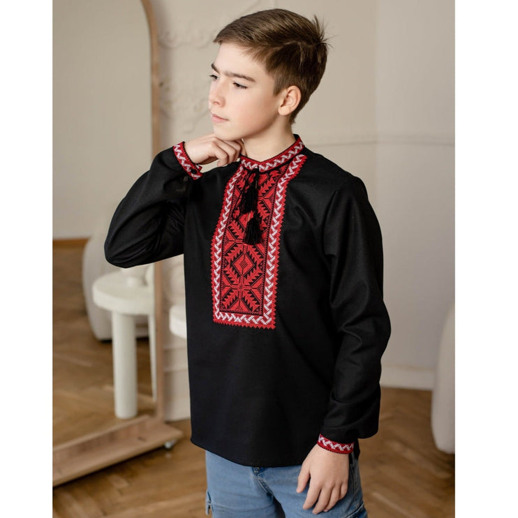 Black Ukrainian vyshyvanka for boys with red embroidery