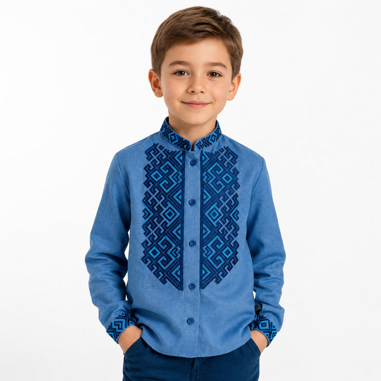 Blue Ukrainian Embroidered Shirt for Boys  Kids Vyshyvanka