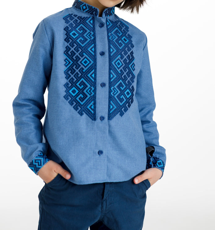 Blue Ukrainian Embroidered Shirt for Boys  Kids Vyshyvanka