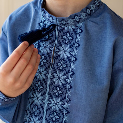 Boys Ukrainian Vyshyvanka Shirt in Denim Blue – Embroidered Chest & Cuff Design