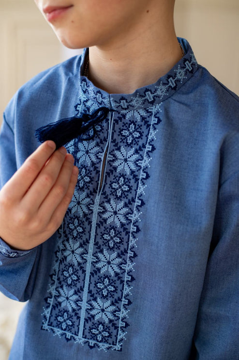 Boys Ukrainian Vyshyvanka Shirt in Denim Blue – Embroidered Chest & Cuff Design