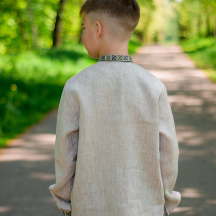 Boys Ukrainian Linen Vyshyvanka Shirt with Green Embroidery