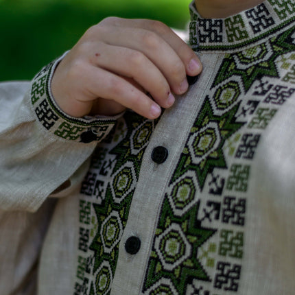 Boys Ukrainian Linen Vyshyvanka Shirt with Green Embroidery