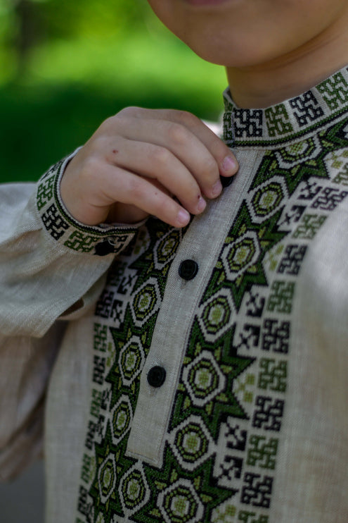 Boys Ukrainian Linen Vyshyvanka Shirt with Green Embroidery