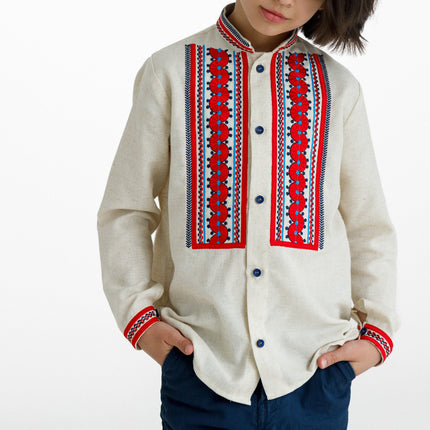 Boys Ukrainian Linen Vyshyvanka Shirt with Red Embroidery