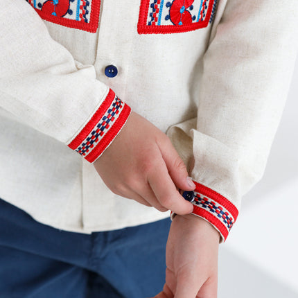 Boys Ukrainian Linen Vyshyvanka Shirt with Red Embroidery