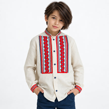 Boys Ukrainian Linen Vyshyvanka Shirt with Red Embroidery