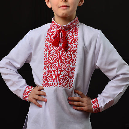 Boys Ukrainian Vyshyvanka Shirt – White Cotton with Red Embroidery