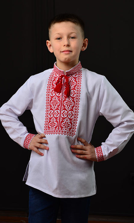 Boys Ukrainian Vyshyvanka Shirt – White Cotton with Red Embroidery