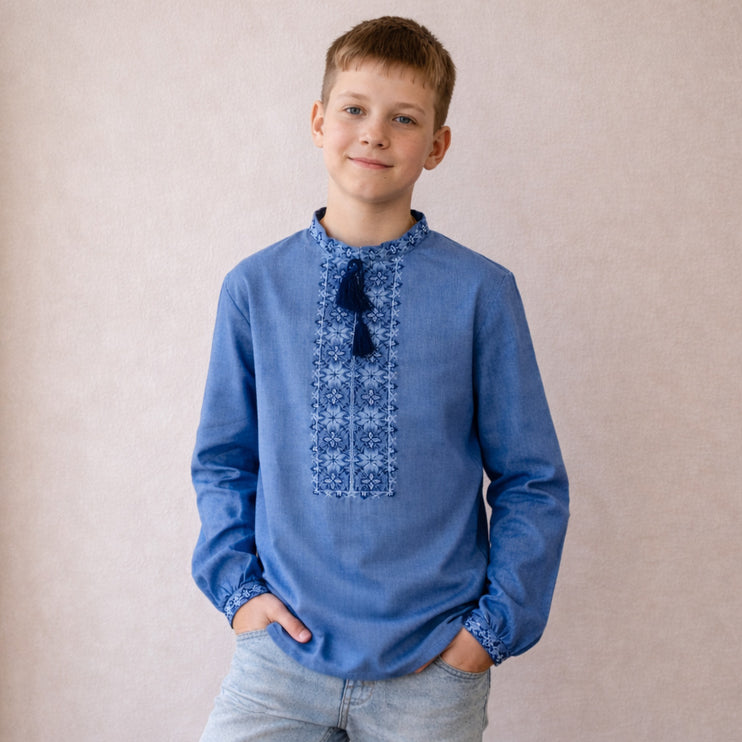 Boys Ukrainian Vyshyvanka Shirt in Denim Blue – Embroidered Chest & Cuff Design