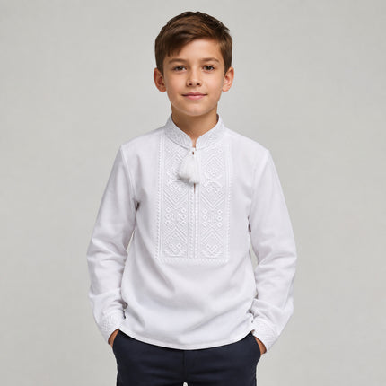 Boys’ Ukrainian Vyshyvanka – White Embroidered Traditional Shirt