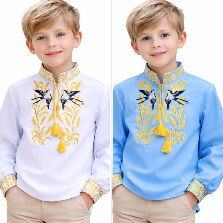 Boys Ukrainian Vyshyvanka Shirt – Embroidered Shirt for Boys, White & Blue